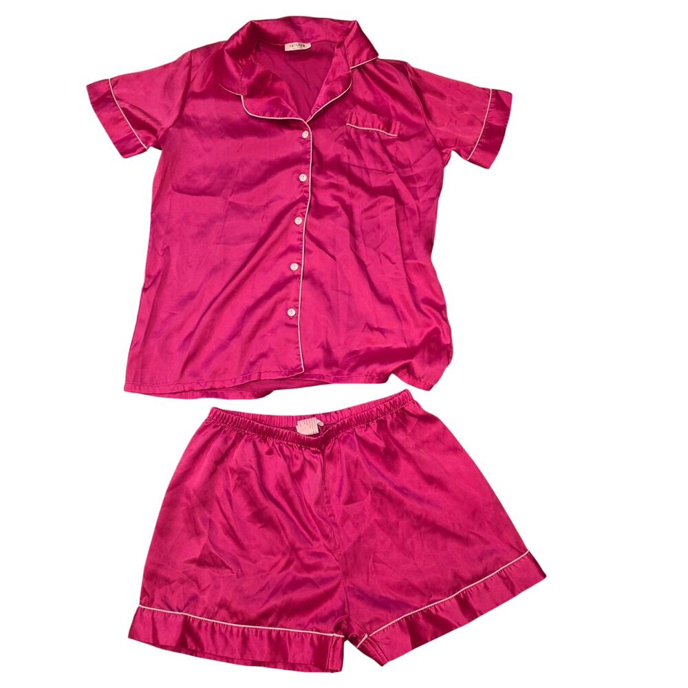Ekouaer hot pink Silk Satin Pajama Set; shorts sleeve button up and shorts sz S